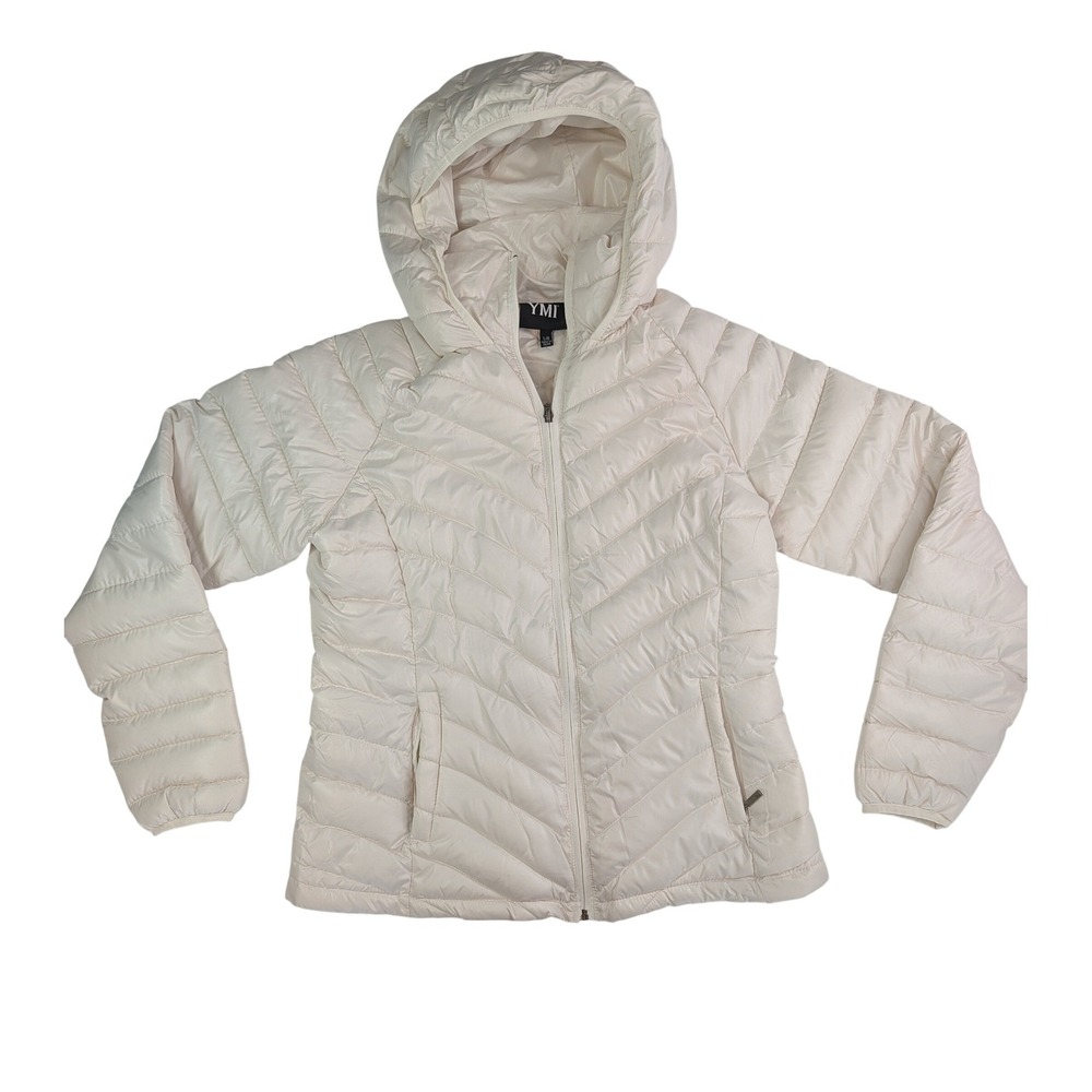 YMI Womens Off White Chevron Quilted Hooded Puffer Jacket J633 Large‎